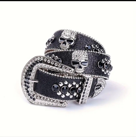 Womens Black & Silver Skull Moto Biker Western Silver Stud Rhinestone Bling Belt - Picture 10 of 11